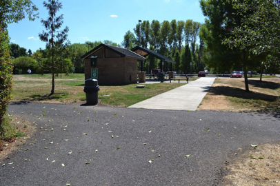 The suggested trail route from the bridge leads back to the bathroom and picnic shelter